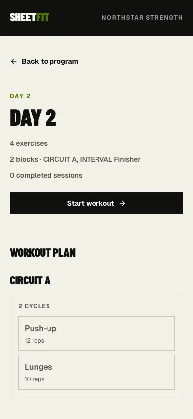 SheetFit client day overview showing the assigned workout and its exercises