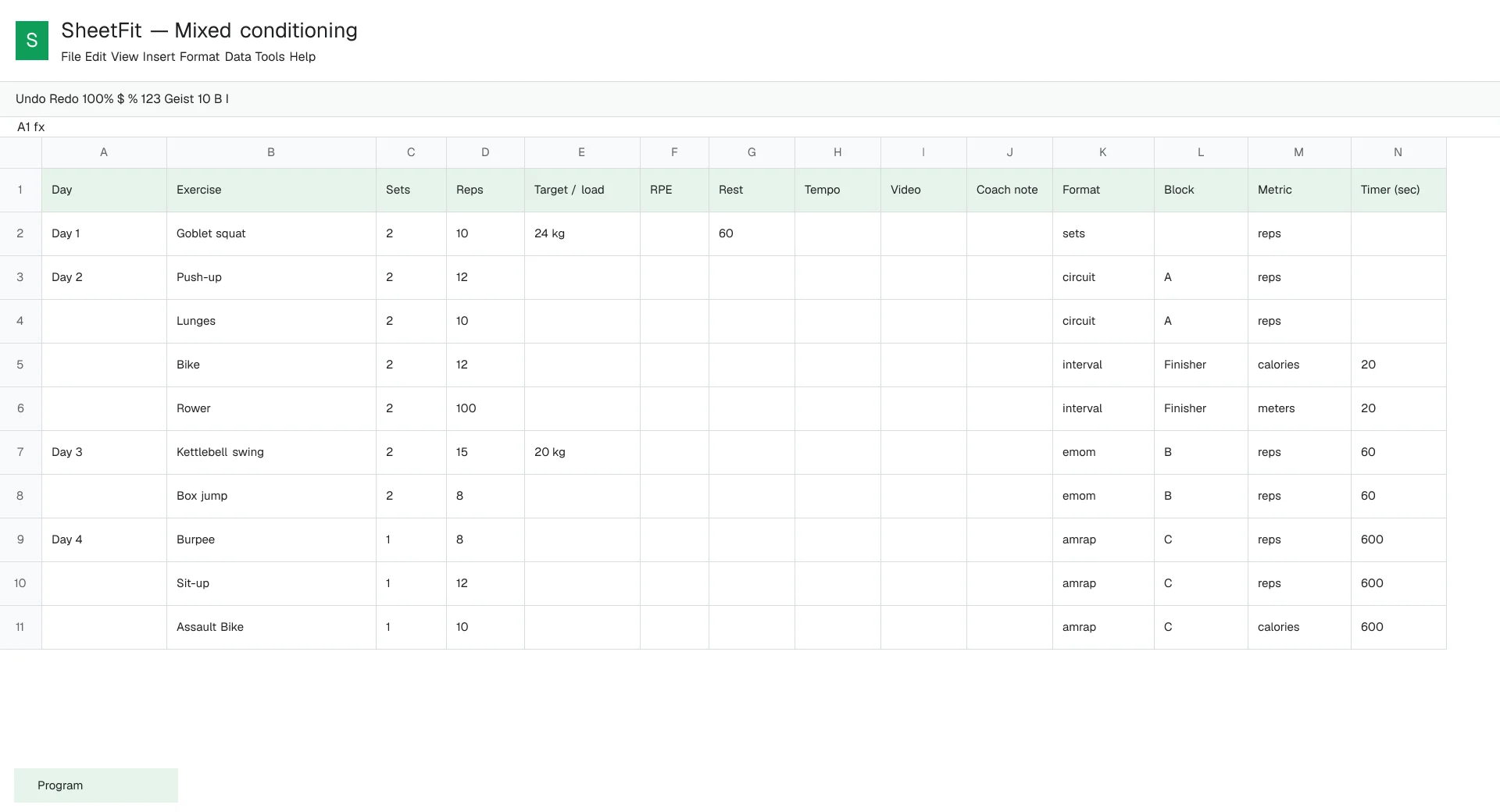 A strength program laid out in Google Sheets with training days, exercises, sets, reps, and targets