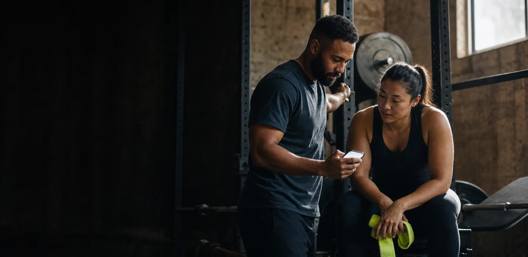 A coach and athlete reviewing a workout on a phone between sets
